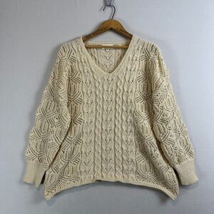 Open Knit Relaxed Fit Boho Sweater Womens Small Cream‎ V Neck